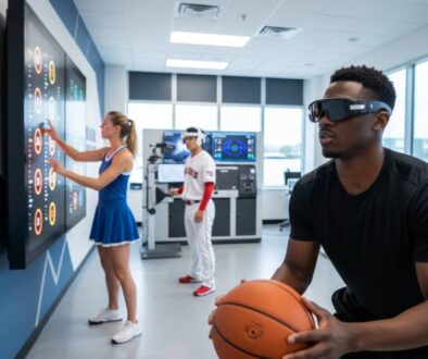 Athletes training with vision therapy equipment including strobe glasses and digital reaction boards at Cook Vision Therapy Center in Atlanta