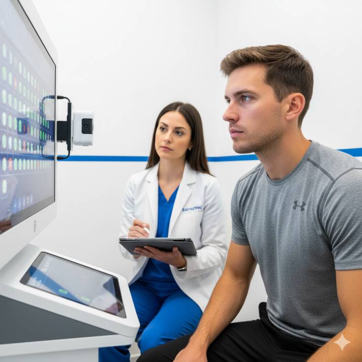 Athlete undergoing comprehensive sports vision assessment using Senaptec technology with vision therapy specialist at Cook Vision Therapy Center