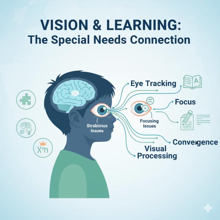 Medical infographic illustrating how vision problems affect learning in children with autism, ADHD, and Down syndrome