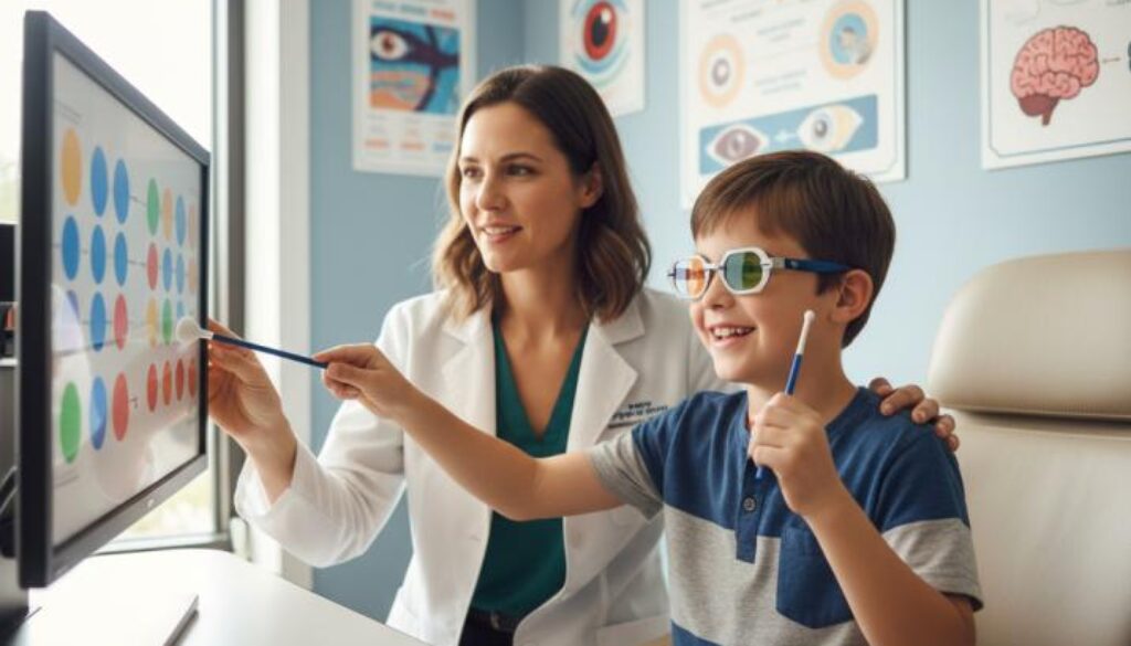 Child with special needs participating in developmental vision therapy session with caring optometrist in modern clinic setting