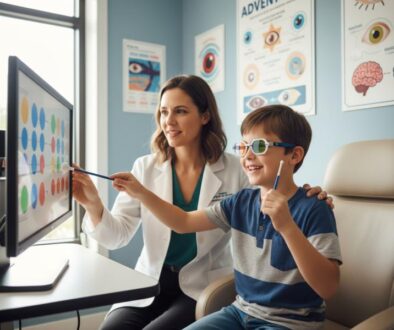 Child with special needs participating in developmental vision therapy session with caring optometrist in modern clinic setting