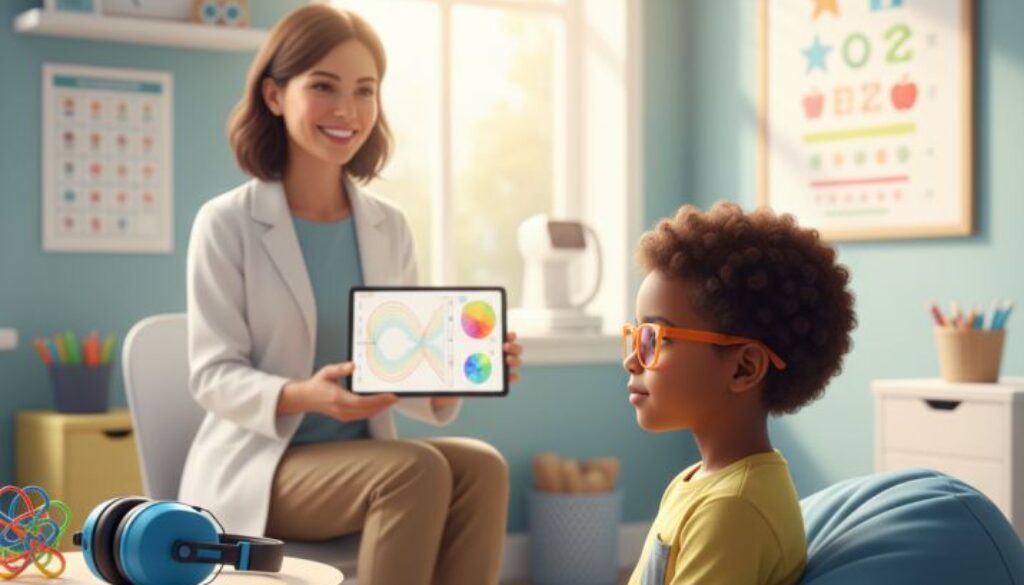 Child with autism receiving comprehensive vision evaluation with eye-tracking technology in sensory-friendly pediatric eye care office