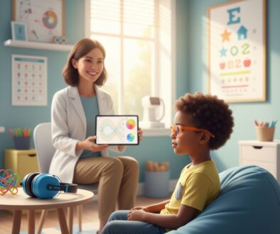 Child with autism receiving comprehensive vision evaluation with eye-tracking technology in sensory-friendly pediatric eye care office