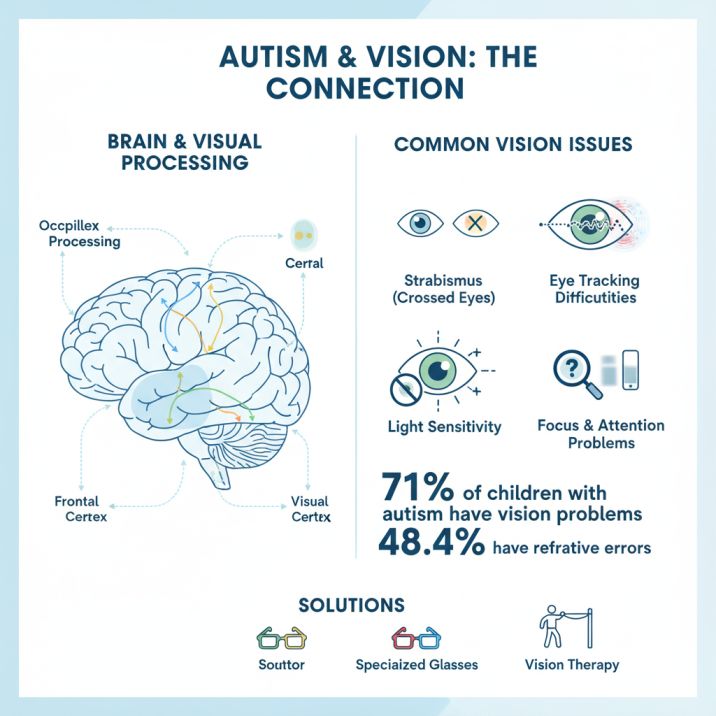 Infographic showing brain-vision connection in autism with statistics on visual processing differences and common eye problems