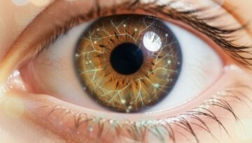 Professional close-up of human eye with neural network patterns representing traumatic brain injury vision recovery and healing through specialized therapy