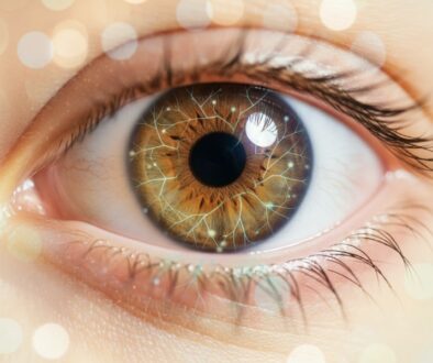 Professional close-up of human eye with neural network patterns representing traumatic brain injury vision recovery and healing through specialized therapy