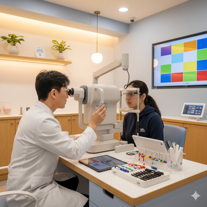 Professional vision therapy treatment session for traumatic brain injury patient using specialized equipment in modern rehabilitation center