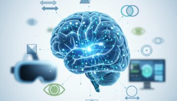 Vision therapy science illustration showing brain neuroplasticity and binocular vision training with advanced technology for treating convergence insufficiency and amblyopia in Atlanta