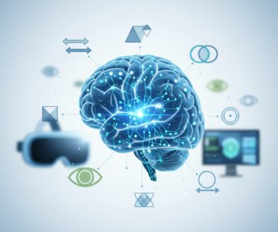 Vision therapy science illustration showing brain neuroplasticity and binocular vision training with advanced technology for treating convergence insufficiency and amblyopia in Atlanta