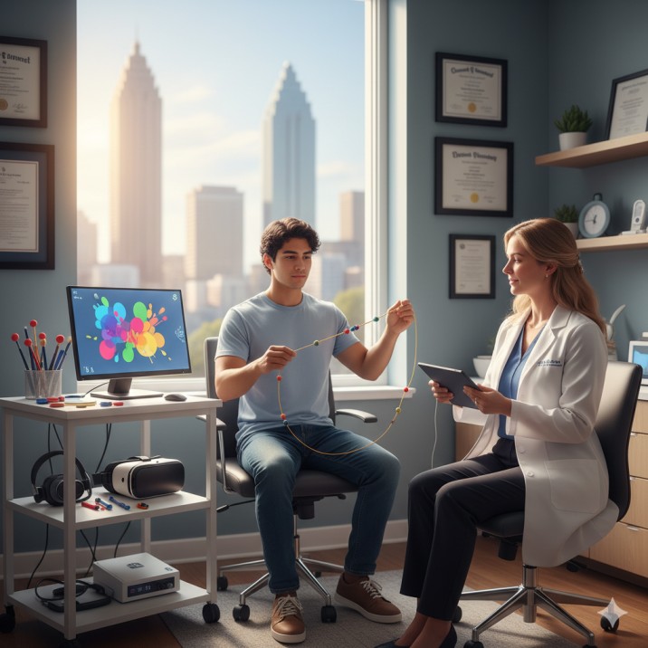 Professional vision therapy session showing patient performing binocular vision exercises with specialized equipment and expert supervision at Atlanta vision therapy center
