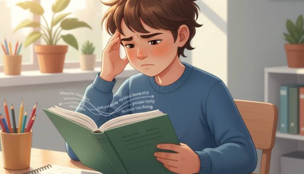 Child experiencing functional vision problems while reading, showing signs of eye strain and difficulty focusing on text in a bright classroom setting