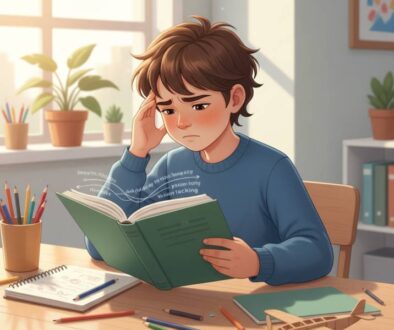Child experiencing functional vision problems while reading, showing signs of eye strain and difficulty focusing on text in a bright classroom setting