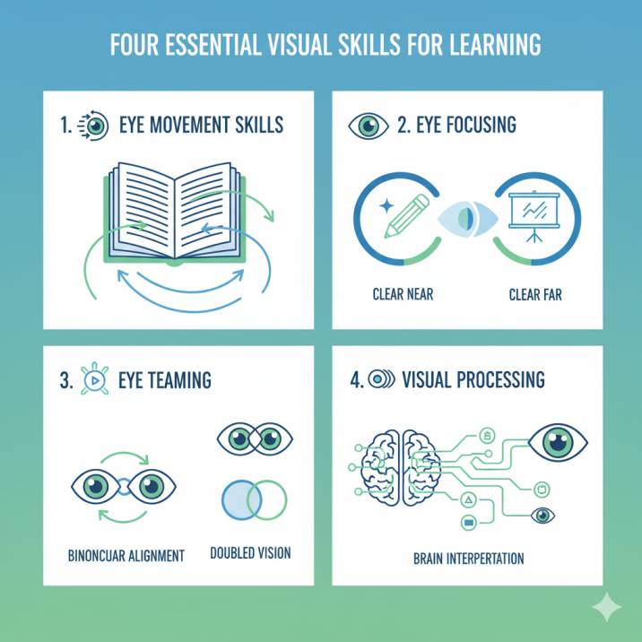 Four essential visual skills diagram showing eye movement, focusing, teaming, and processing abilities required for learning and academic success
