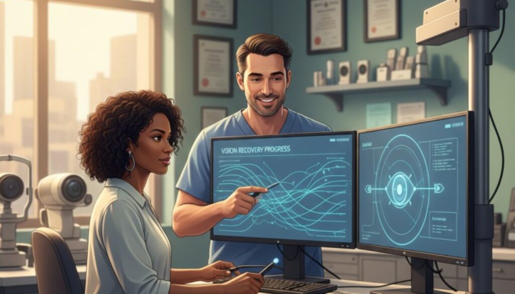 Vision therapy session for brain injury recovery showing patient working with neuro-optometric rehabilitation specialist on eye movement exercises