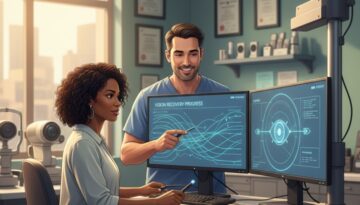 Vision therapy session for brain injury recovery showing patient working with neuro-optometric rehabilitation specialist on eye movement exercises