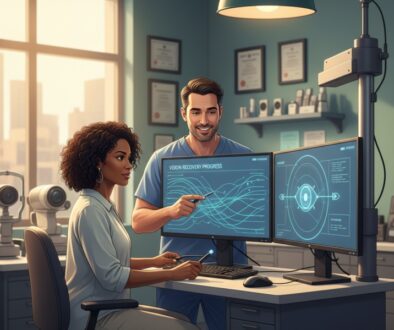 Vision therapy session for brain injury recovery showing patient working with neuro-optometric rehabilitation specialist on eye movement exercises