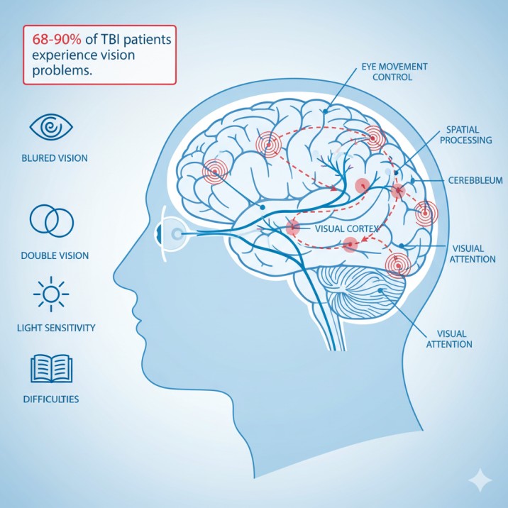 Medical infographic showing how traumatic brain injury affects visual processing pathways and causes vision problems in TBI recovery