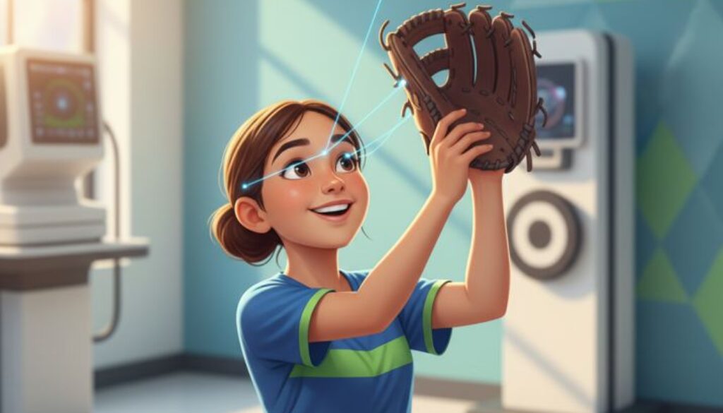 Young athlete demonstrating improved hand-eye coordination catching baseball after vision therapy training at Cook Vision Therapy Center