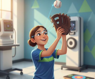 Young athlete demonstrating improved hand-eye coordination catching baseball after vision therapy training at Cook Vision Therapy Center