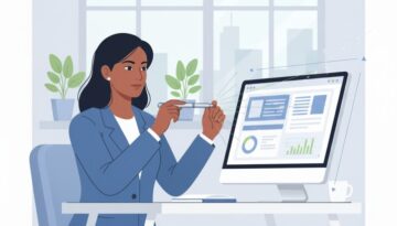 Professional performing visual focus training exercises at ergonomic workplace setup with computer screen positioned for optimal eye health and productivity