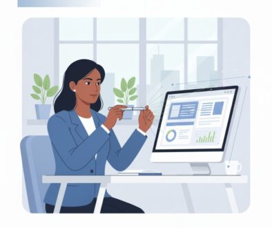 Professional performing visual focus training exercises at ergonomic workplace setup with computer screen positioned for optimal eye health and productivity