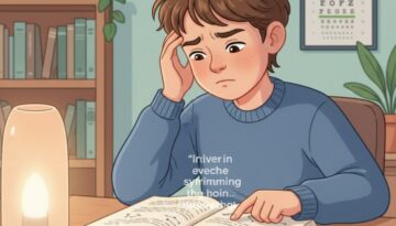Bright child experiencing low reading stamina and eye strain while reading, showing signs of potential binocular vision dysfunction