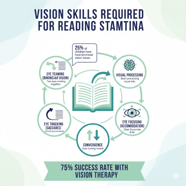 Infographic showing vision skills required for reading stamina including eye teaming, tracking, focusing and visual processing