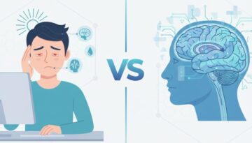 Eye fatigue vs visual processing disorder comparison infographic showing computer user with tired eyes versus brain visual processing pathways illustration