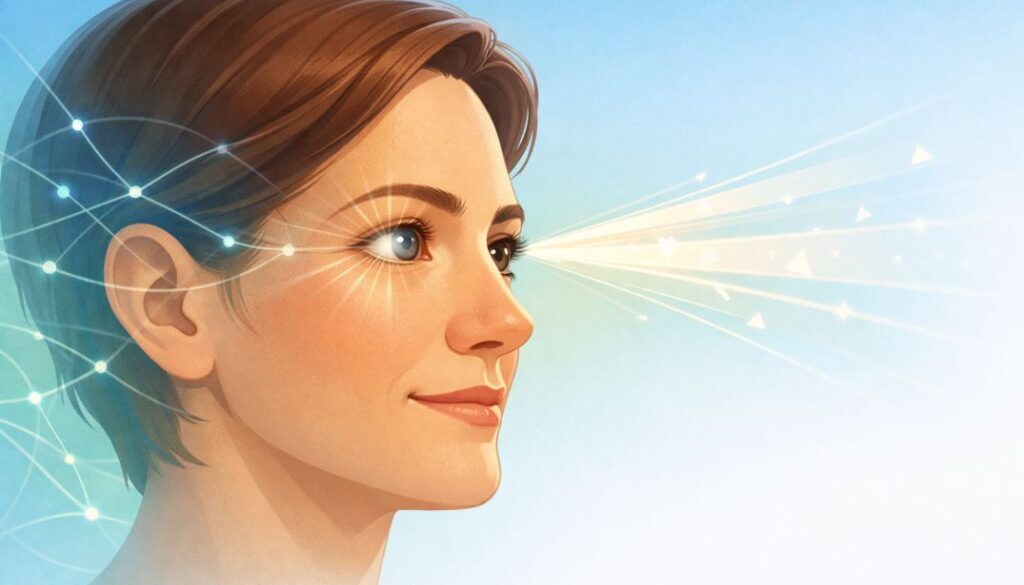 Adult man in profile showing lazy eye treatment concept with neural network patterns representing brain plasticity and vision improvement after childhood