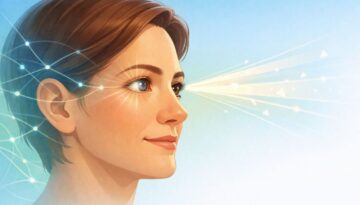 Adult man in profile showing lazy eye treatment concept with neural network patterns representing brain plasticity and vision improvement after childhood