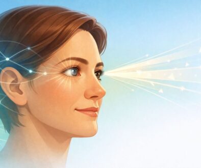 Adult man in profile showing lazy eye treatment concept with neural network patterns representing brain plasticity and vision improvement after childhood