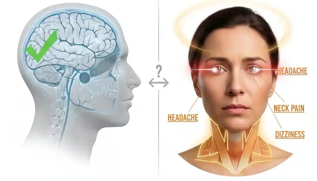 A split-screen medical illustration comparing a "Normal Scan" of a brain (Structural Health) with a patient suffering from Vertical Heterophoria symptoms like headache, neck pain, and dizziness (Functional Vision).