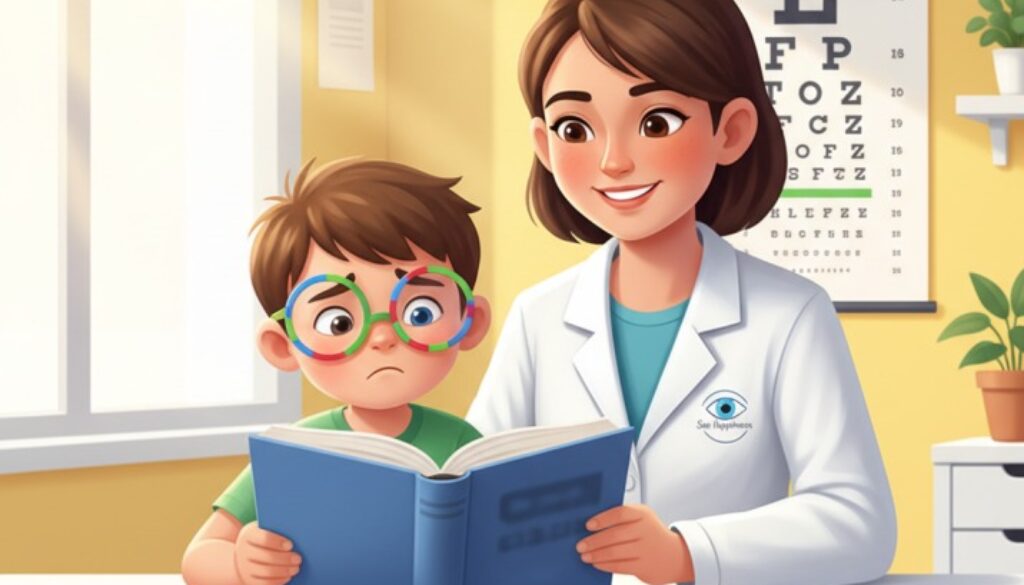 Happy child wearing colorful glasses sitting at desk with caring vision therapist in Cook Vision Therapy Center office, illustrating comprehensive lazy eye treatment approach
