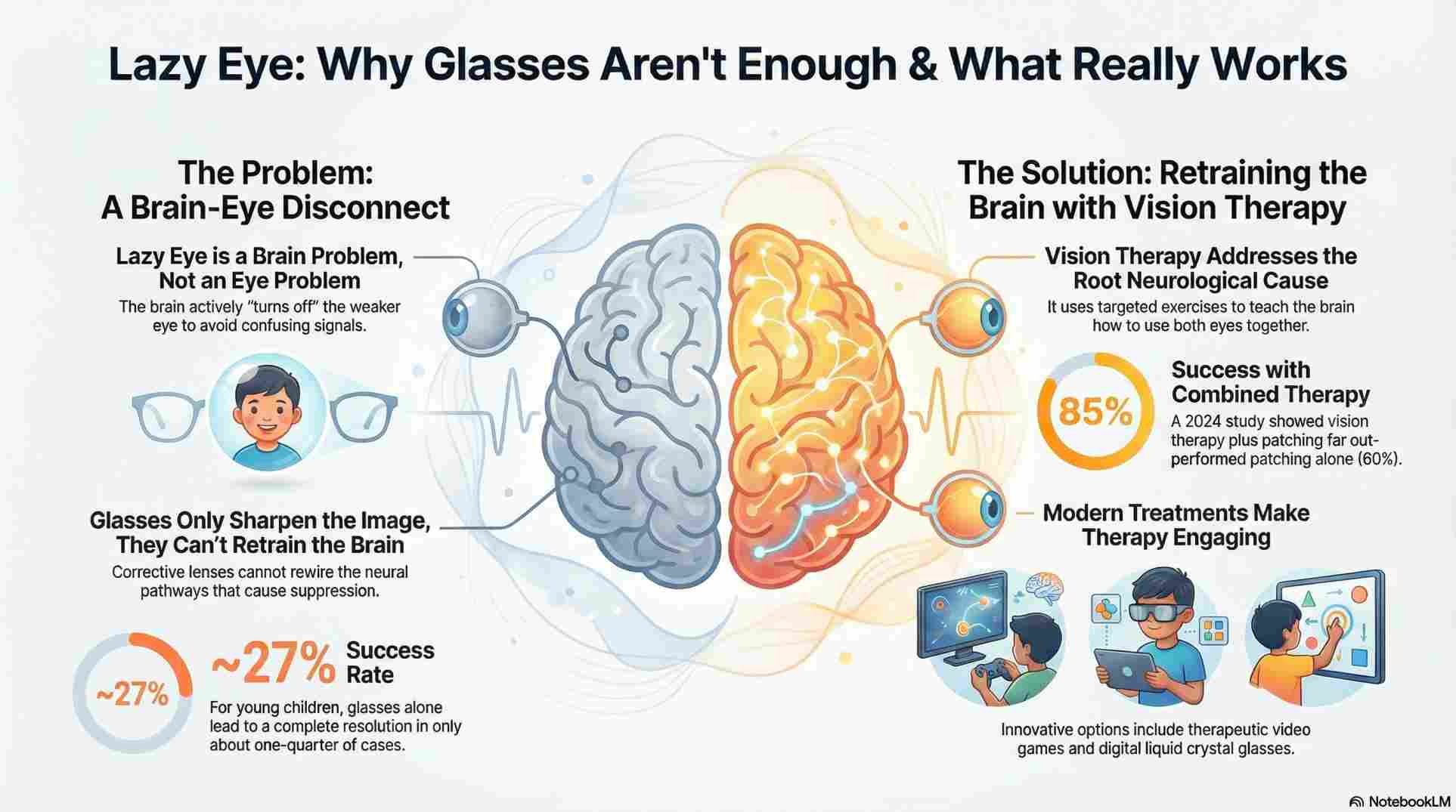 Infographic explaining that amblyopia (lazy eye) is a neurological developmental disorder rather than a simple vision problem. It illustrates that while glasses improve image clarity, they cannot rewire neural pathways or stop the brain from suppressing the weaker eye. The visual highlights the 85% success rate of combining glasses with vision therapy compared to 60% for glasses and patching alone.