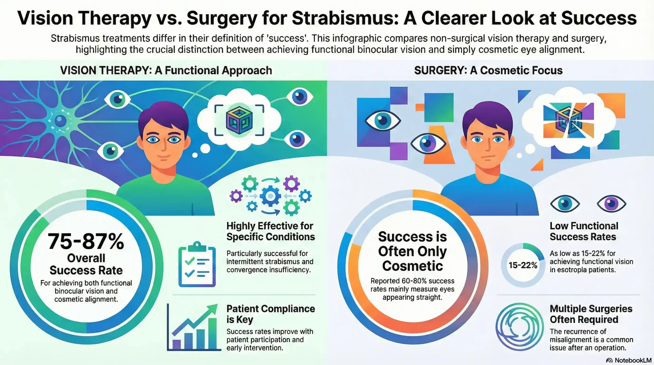 Bar chart illustrating strabismus treatment success rates, showing 87% functional success for non-surgical vision therapy compared to 22% for strabismus surgery.