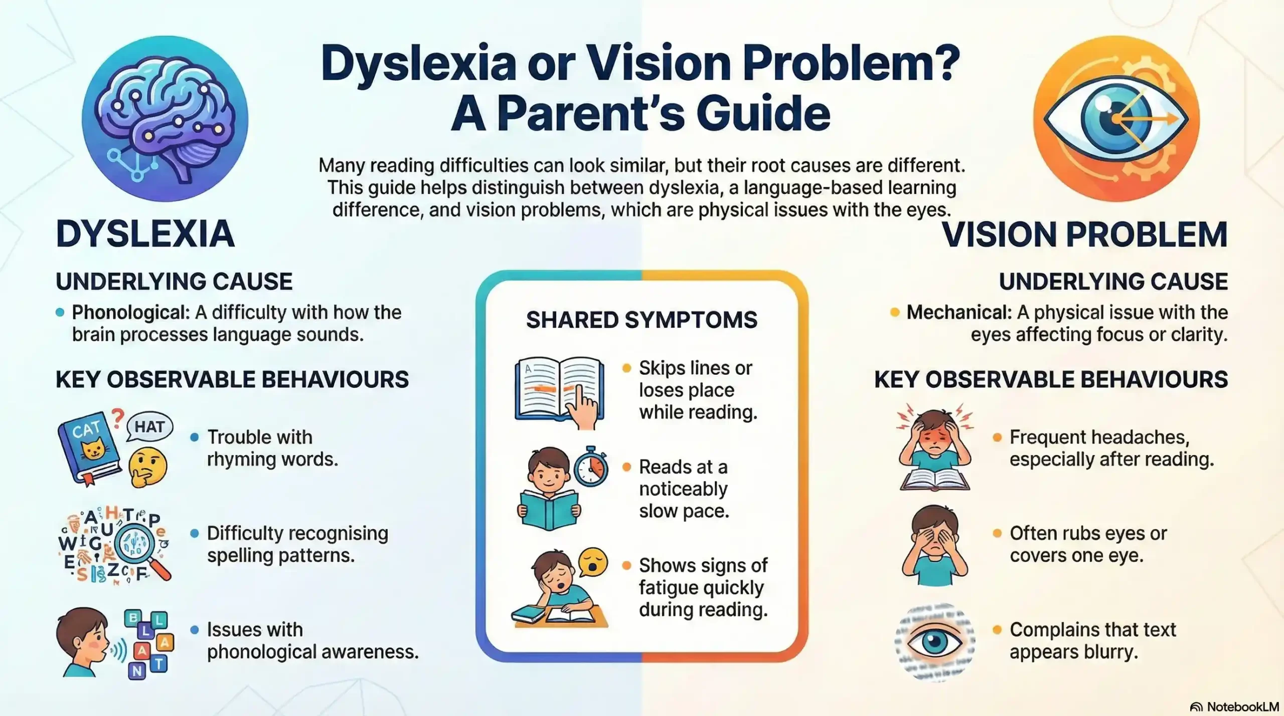 Comparison chart showing symptoms of Dyslexia (Language-Based) vs. Vision Problems (Physical/Functional).