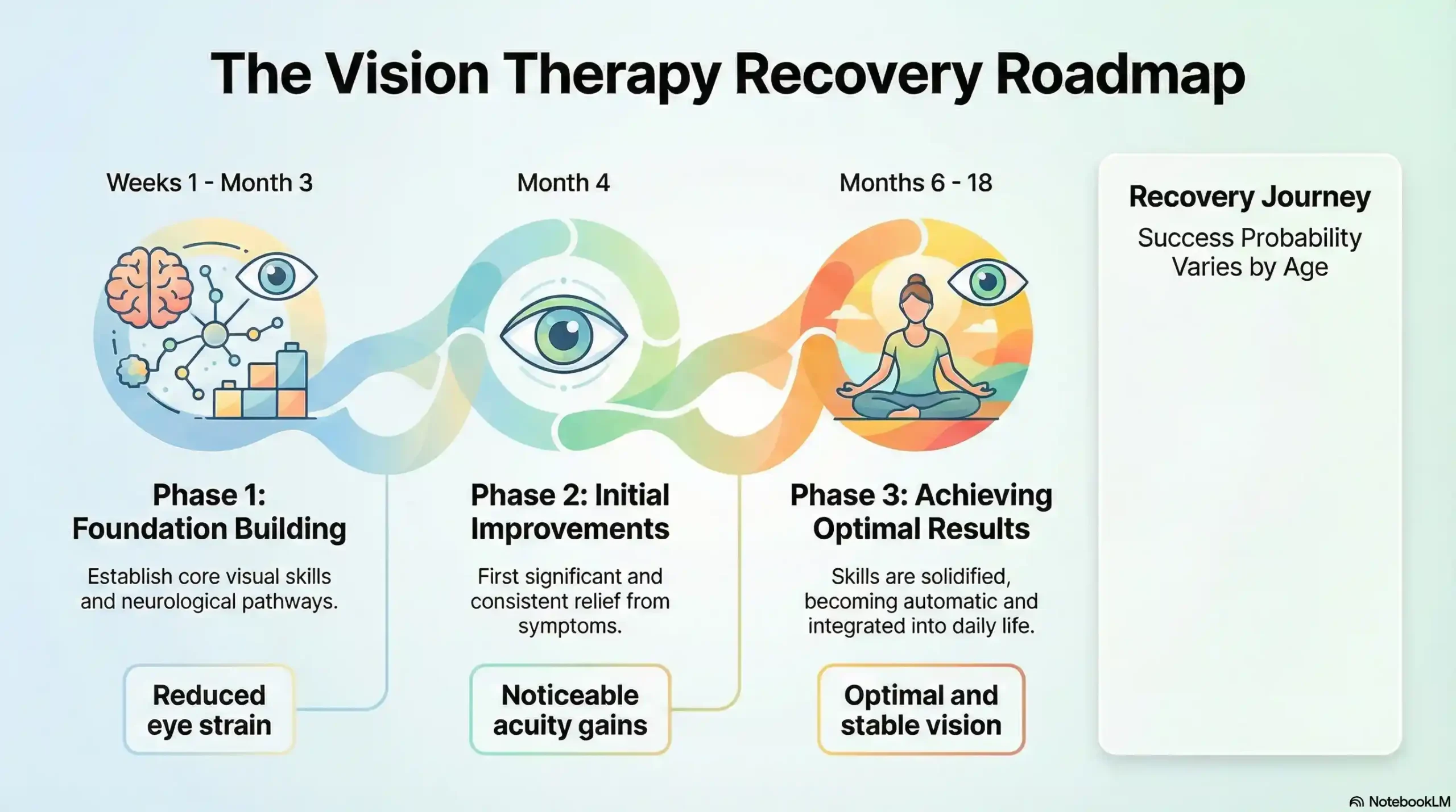 Vision Therapy Timeline infographic showing Phase 1 Assessment, Phase 2 Active Treatment (Months 1-12), and Phase 3 Maintenance.