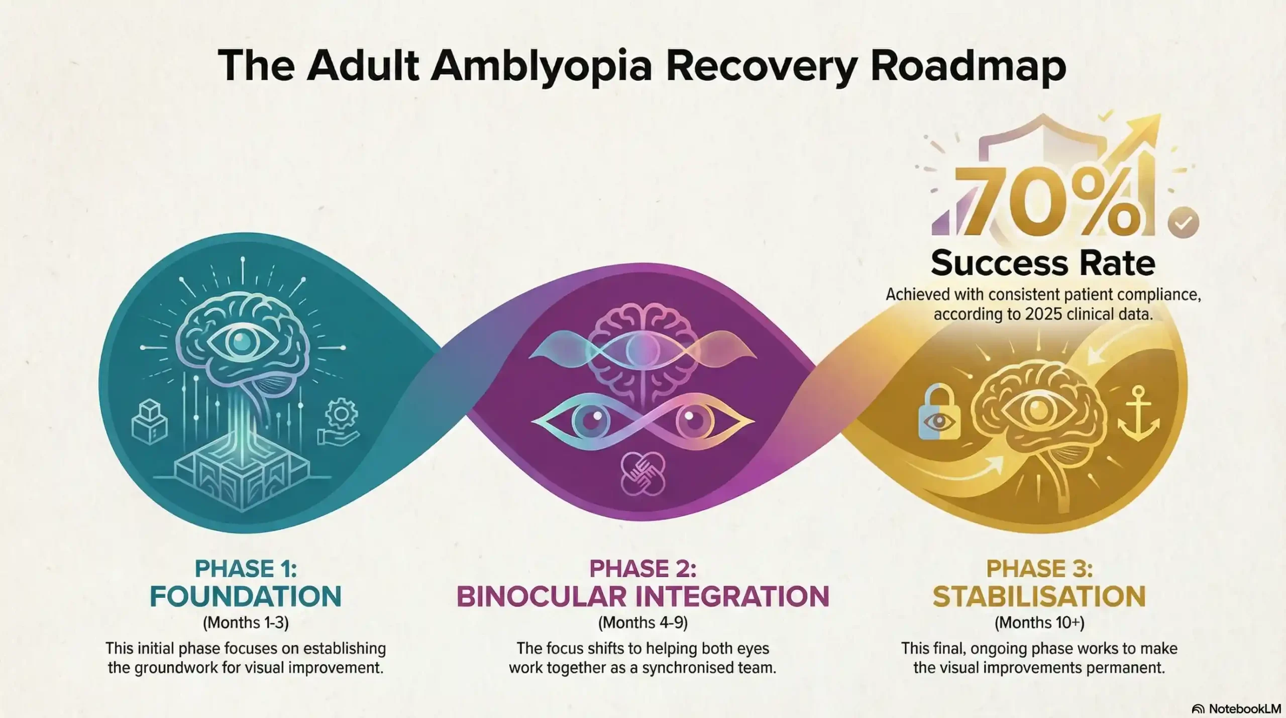 Chart showing adult lazy eye treatment timeline: 0-3 months for acuity, 3-6 months for fusion, 6-12 months for 3D depth perception.