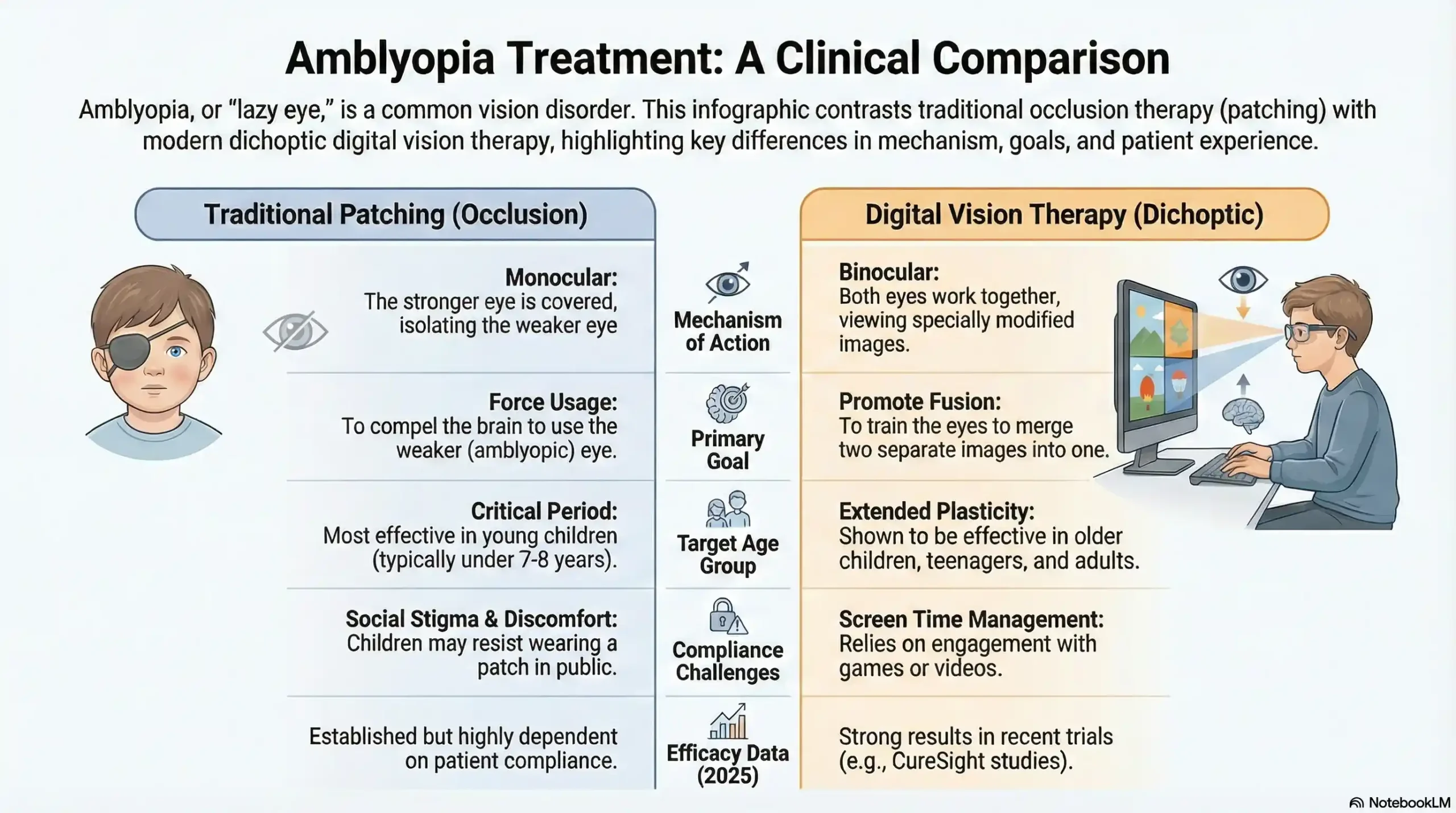 Comparison chart of Occlusion Therapy (Patching) versus Dichoptic Therapy (Games) showing mechanism of action and neuroplasticity outcomes.