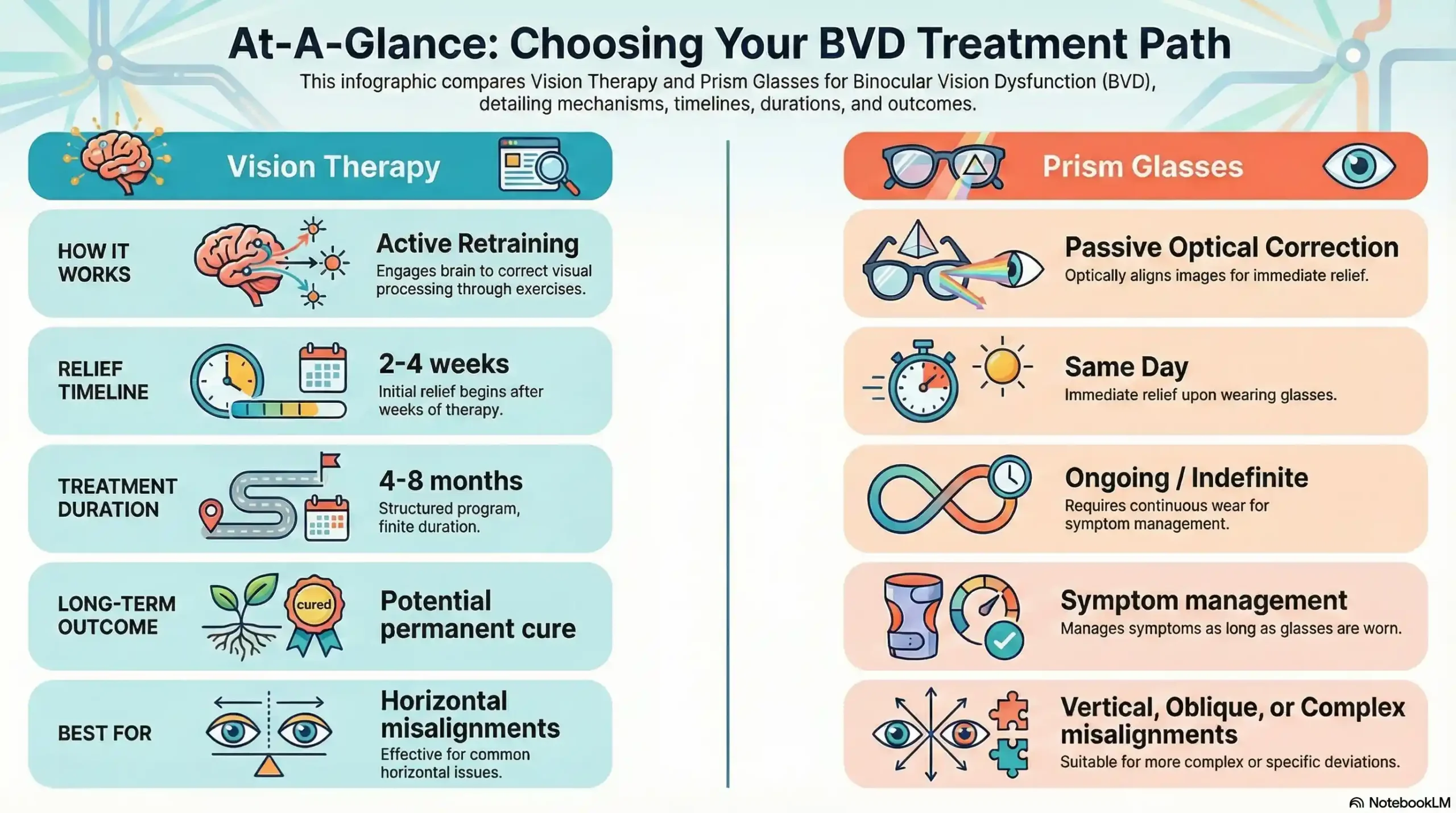 Comparison chart showing Vision Therapy vs Prism Glasses for BVD costs, timelines, and effectiveness.