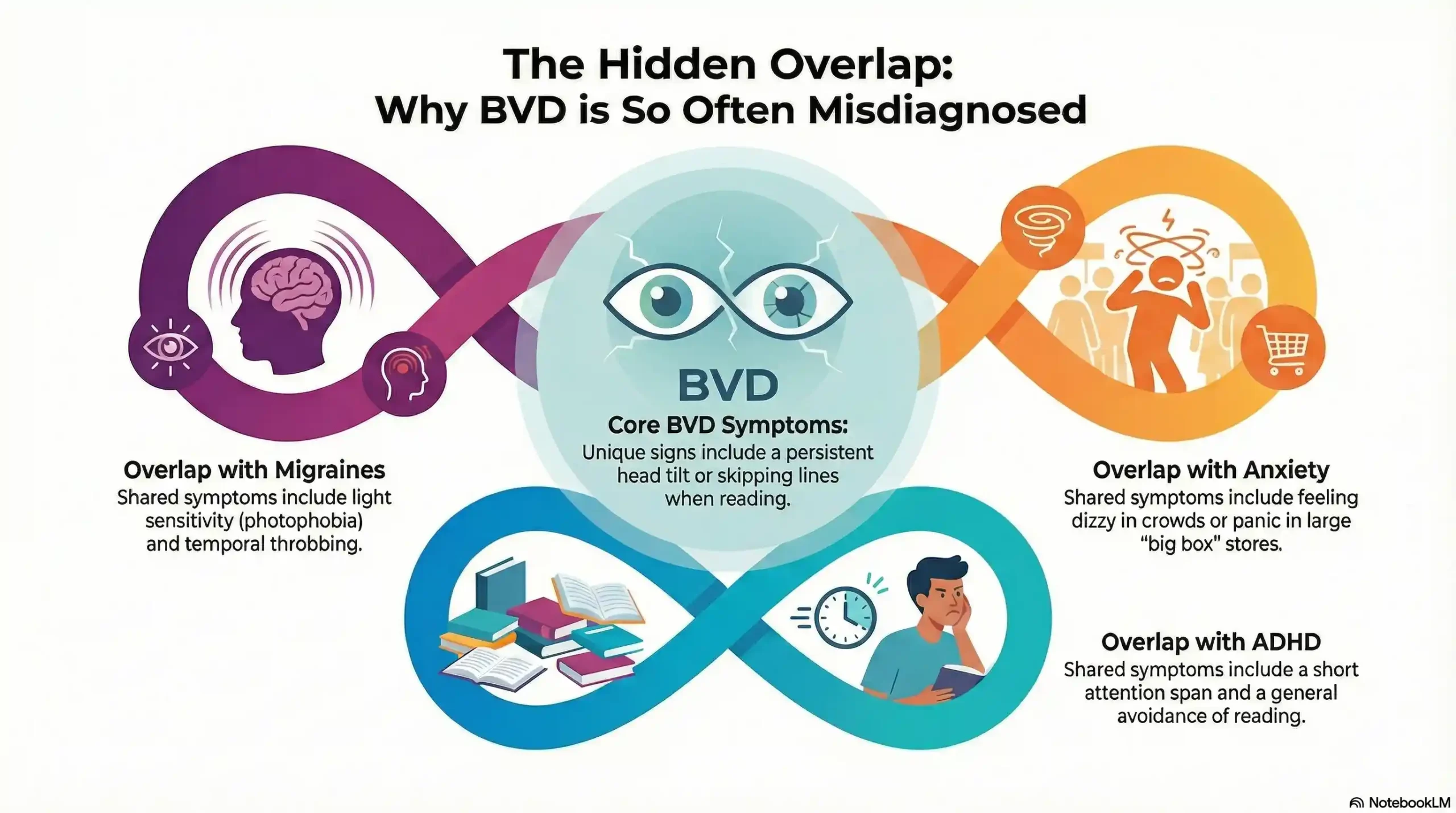 Venn diagram comparing BVD symptoms with common misdiagnoses like Migraines and ADHD.