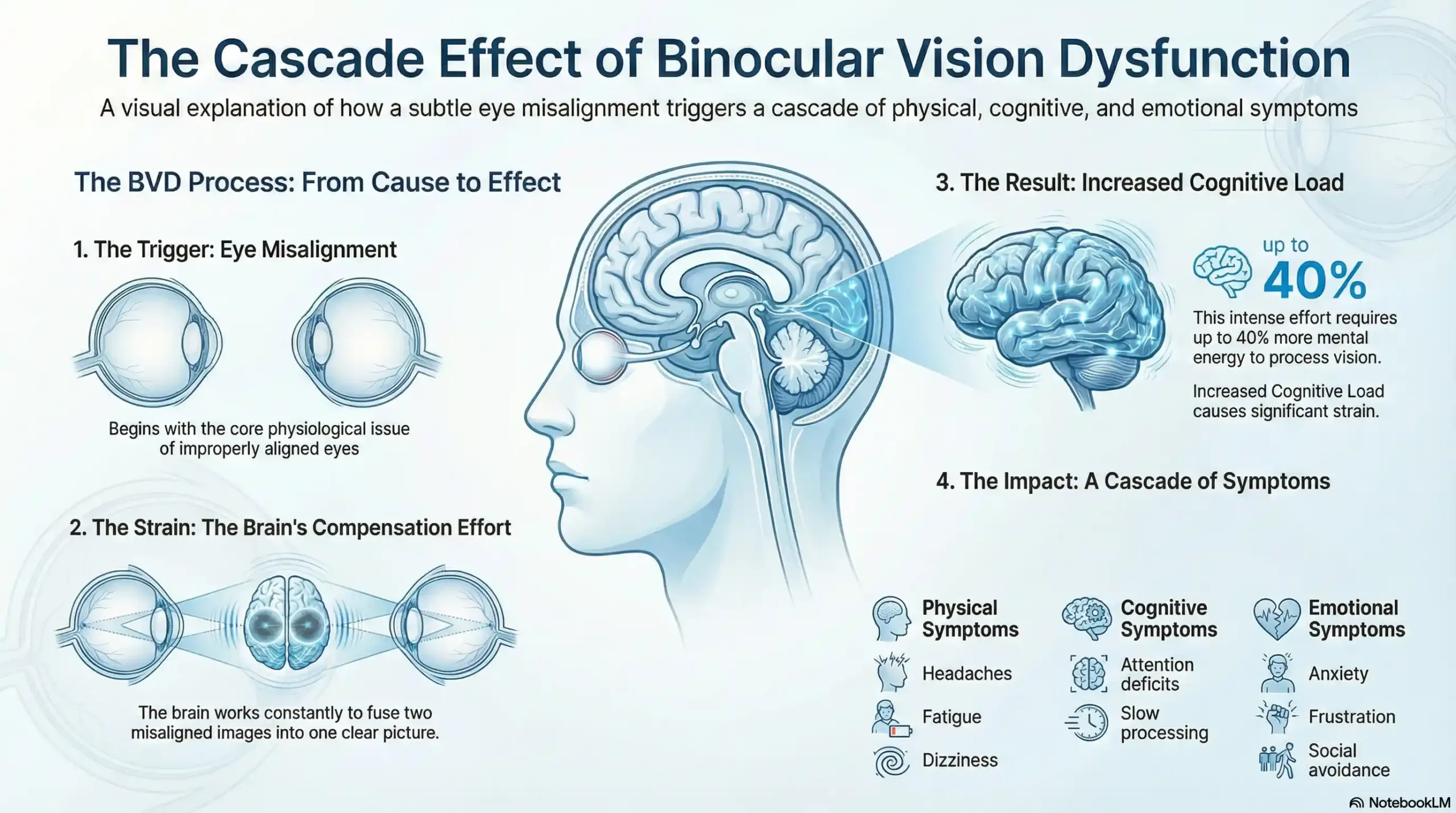 Chart showing the cascade effect of Binocular Vision Dysfunction: from Eye Misalignment to Cognitive Fatigue and Anxiety.