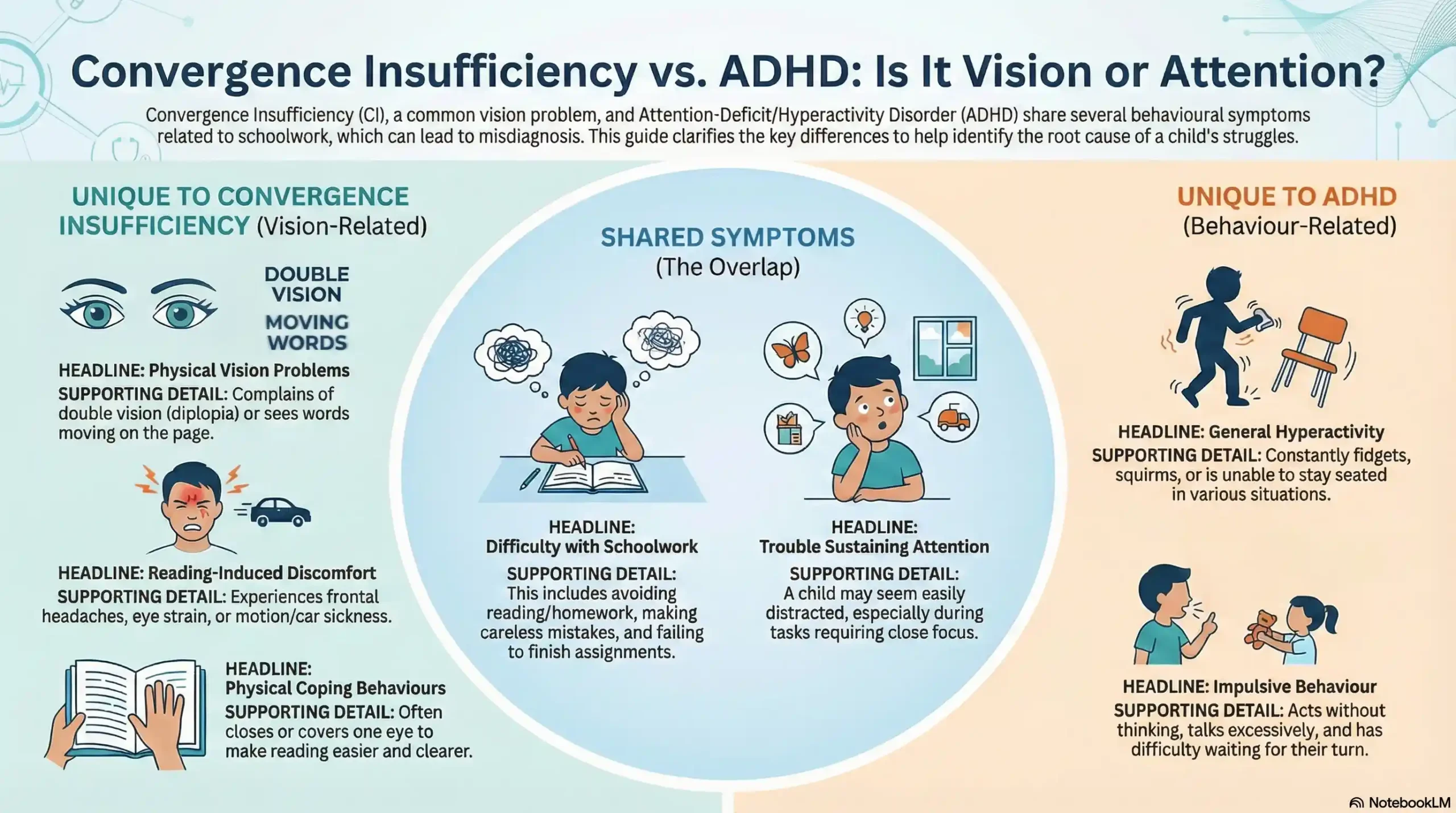 Venn diagram comparing Convergence Insufficiency symptoms vs ADHD symptoms showing overlap in difficulty concentrating.