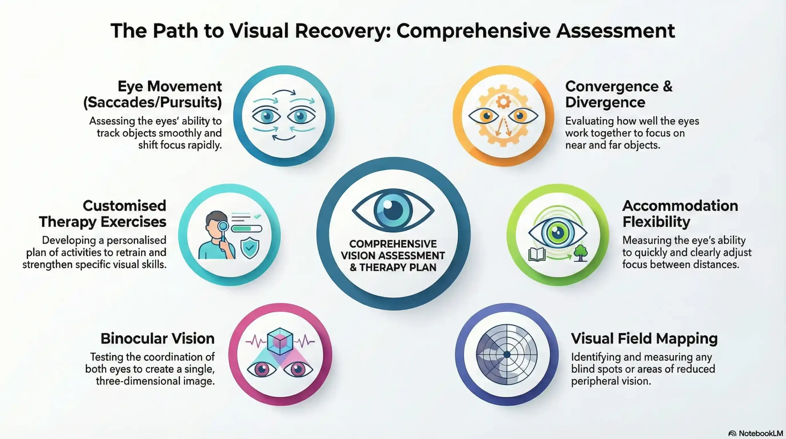 Infographic showing the 6 key components of a TBI visual assessment including saccades, accommodation, and binocular vision analysis.