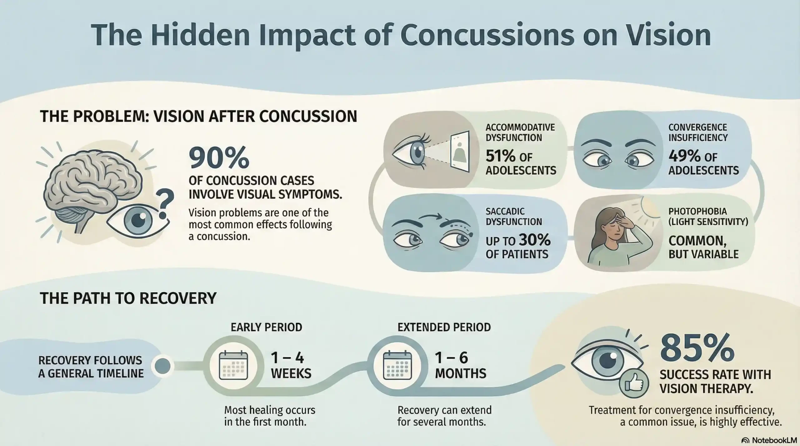 Infographic showing prevalence rates of post-concussion vision dysfunctions including convergence insufficiency and accommodative disorders.