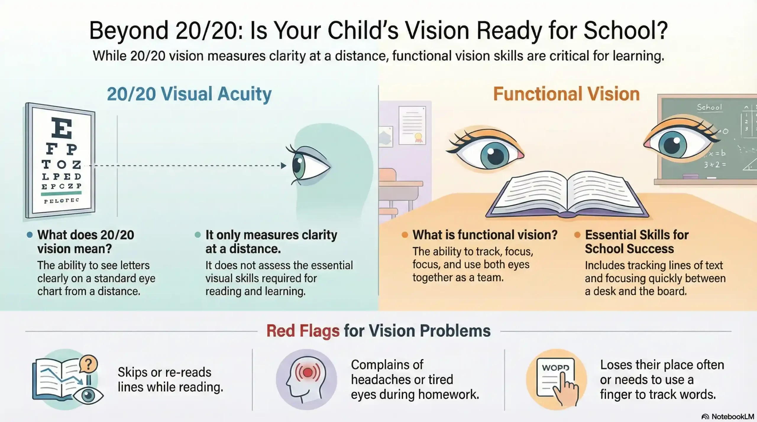 Infographic comparing 20/20 visual acuity with functional vision skills like eye tracking and binocular coordination.