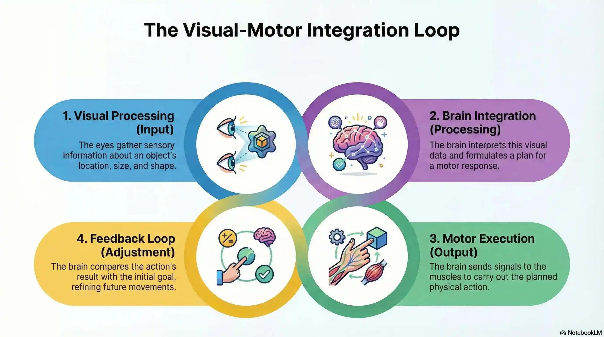 Diagram showing the 4 stages of visual-motor coordination and brain-eye integration.