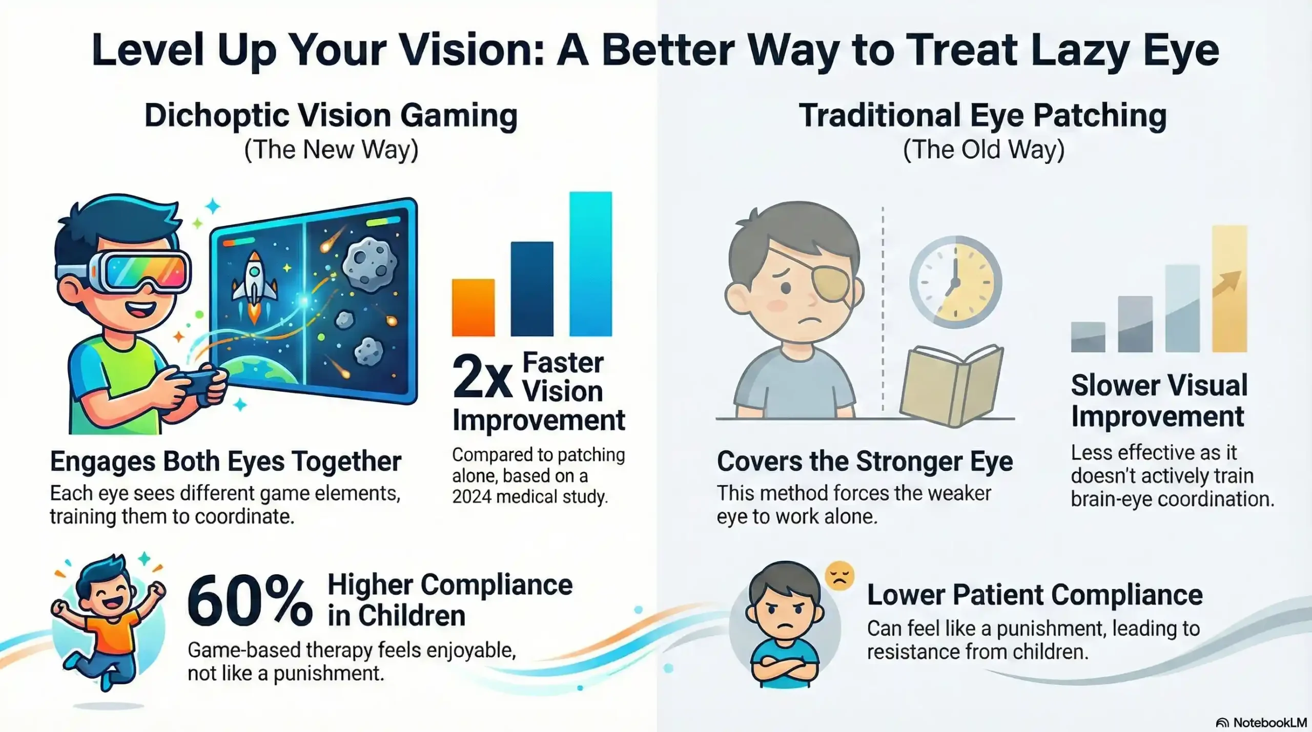 Bar chart comparing amblyopia treatment outcomes, showing that children using free vision therapy games (dichoptic training) experienced 2x faster improvement in visual acuity compared to those using traditional eye patching alone.