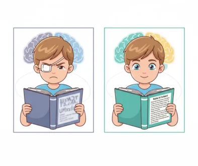 Child struggling to read with eye patch compared to clear binocular vision after comprehensive lazy eye treatment