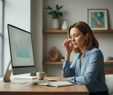 Adult experiencing eye strain from untreated lazy eye while working at a computer